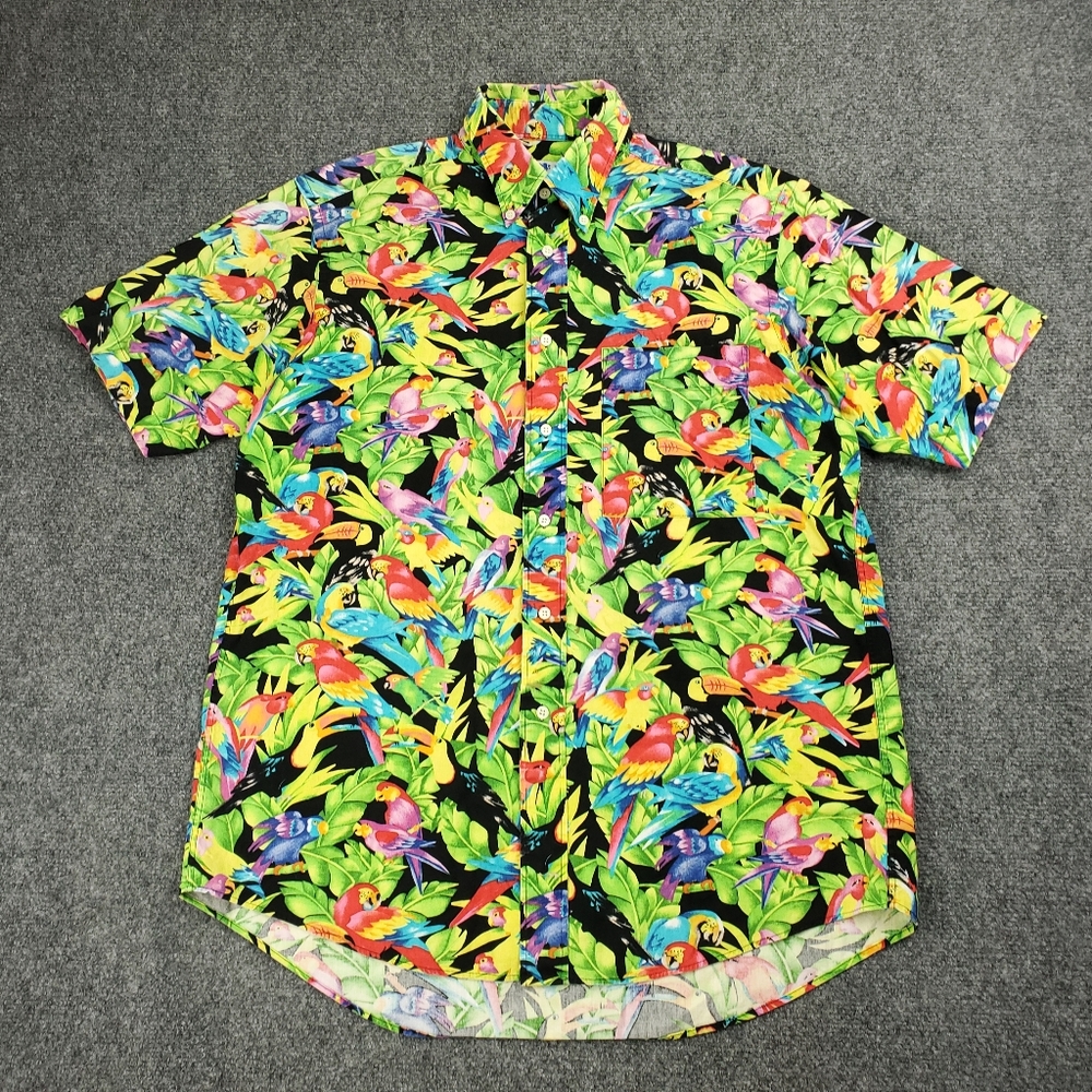English Sports Shop Bermuda Shirt Mens Medium Hawaiian Floral Parrots Colorful